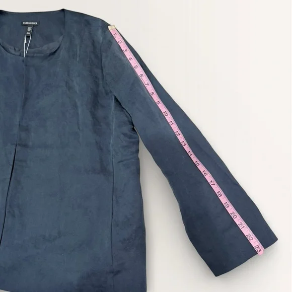 Eileen Fisher Large Linen Silk Satin Round Neck Open Jacket Deep Adriatic Blue - Picture 12 of 16